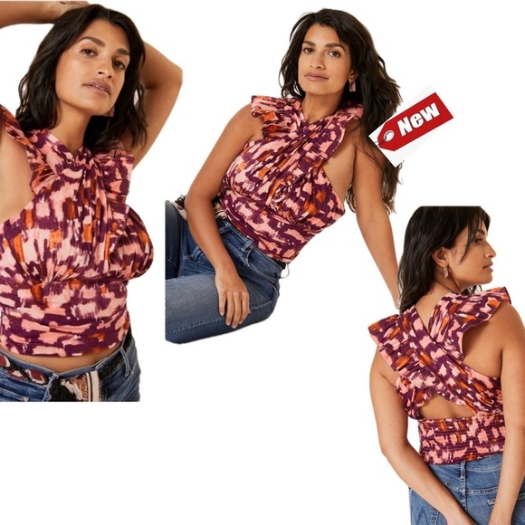 Anthropologie ruffle frill pleated smocked crisscross halter top blouse XL NWT - Picture 12 of 12